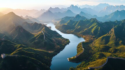 Obraz premium Aerial perspective, mountains and rivers