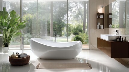 Elegant modern bathroom with freestanding tub and garden view