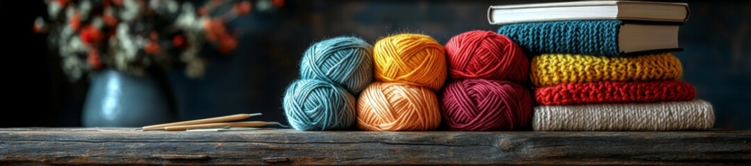 An arrangement of yarn balls with a stack of colorful knitted books in a cozy setting. Generative AI