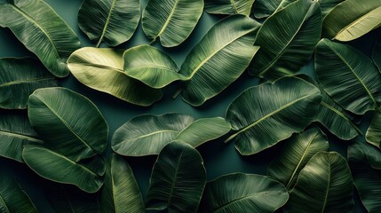Tropical leaves arranged on dark background, flatlay, nature backdrop, design element