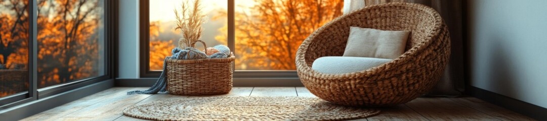 Fototapeta premium Cozy Craft Corner with Woven Chair and Yarn Basket by the Window. Generative AI