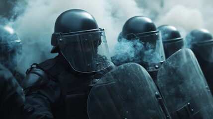 Macro shot of dozens of policeman, wearing black uniforms and a ballistic helmets full face, protecting themselves with shield, smoke bombs are filling up the air