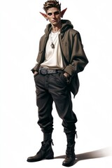 Fantasy character elf male, white background, hyper realistic style, full body, low angle shot
