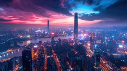 Fototapeta premium Vibrant cityscape at dusk with illuminated skyscrapers and colorful skyline