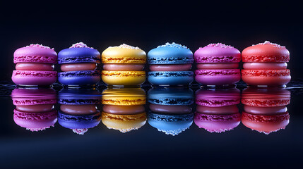Artistic image of colorful macarons arranged in a line on a reflective surface, symmetrically mirroring their vibrant hues