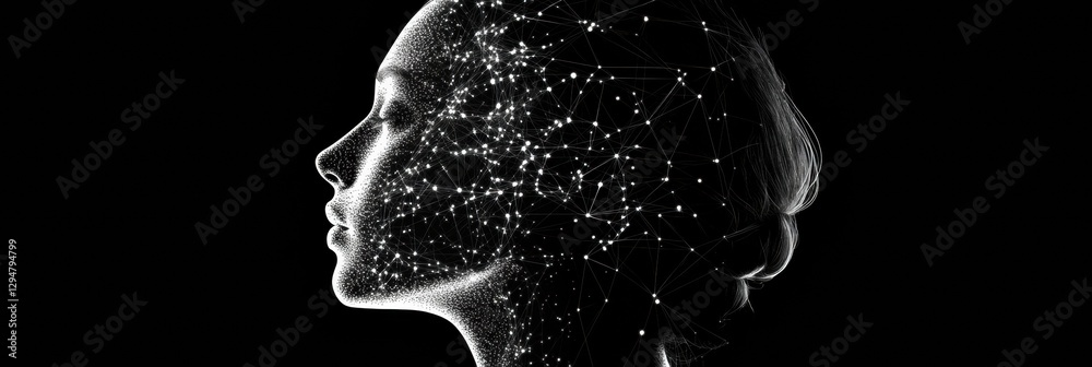 Poster Silhouette of a human head illuminated by interconnected AI nodes and fractal patterns in a cosmic cyberpunk background. Generative AI
