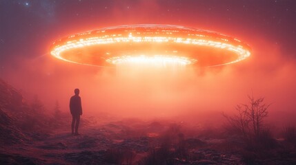 Fototapeta premium A man standing in front of a rainbow colored UFO