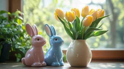 Pastel ceramic Easter bunnies with tulips by window