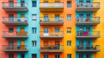 Colorful apartment building facade with balconies in vibrant urban setting