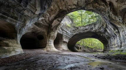 Obraz premium Natural Rock Cave Formations with Archways and Stream
