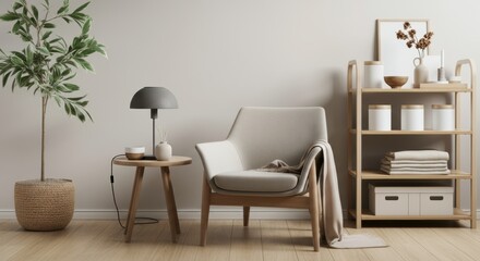 Cozy interior scene featuring a stylish chair, lamp, and decorative shelf