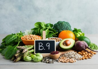 Fresh assortment of healthy foods rich in vitamin B9 on a wooden table