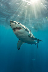 Fototapeta premium Majestic Great White Shark in Clear Blue Ocean Highlighting Its Power and Grace