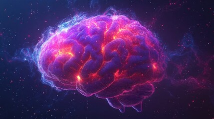 Vibrant digital brain with neon colors and starry background