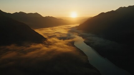 Aerial landscape mountain view, pov of drone flying through mountain range, fog, river,