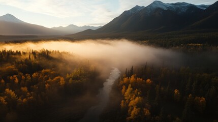 Fototapeta premium Aerial landscape mountain view, pov of drone flying through mountain range, fog, river,