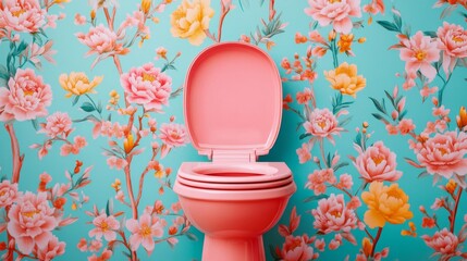 Fototapeta premium Pink toilet against a floral backdrop. A pop of color in a bathroom.