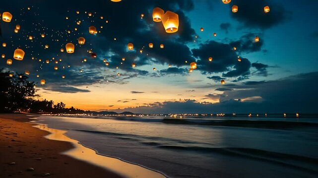Sky lanterns float over beach at sunset