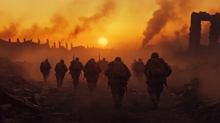 A group of military soldiers in full gear, marching across a ruined cityscape under a smoky sky, their faces concealed by helmets and masks