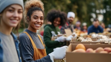 A group people standing around boxes of food. A diverse group of people are volunteering to help with food. Community bank with compassion and generosity. A crowd of individuals lifestyle gathered.