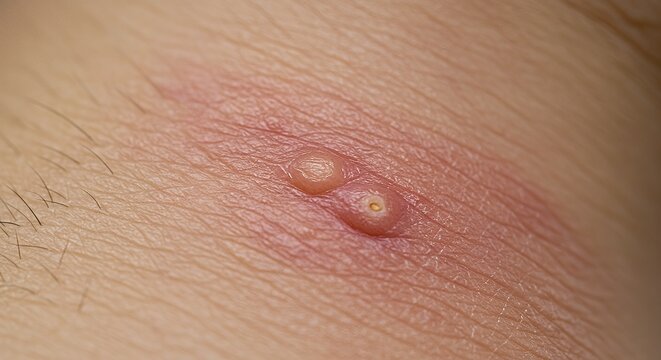 Close Up Of Red Fluid Filled Blisters On Light Skin Medical Image