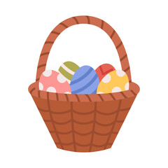 Vector basket with decorated Easter eggs. Holiday banner in flat style