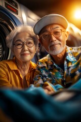 Fototapeta premium Happy senior Asian couple smiles warmly, creating a heartwarming scene.