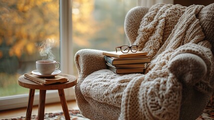 Cozy armchair with knitted blanket and steaming cup in warm autumn sunlight