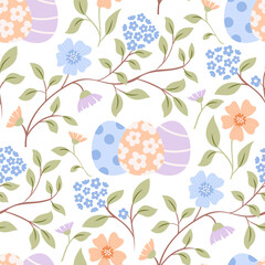 Vector seamless pattern with easter eggs and flowers. Spring repeated background