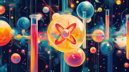 Colorful abstract representation of atomic structures and chemical reactions in space