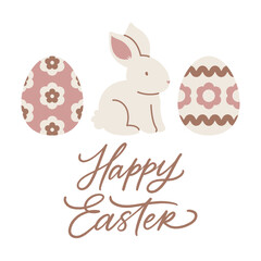 Happy Easter vector greeting card with decorated eggs and bunny. Holiday banner