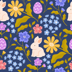 Vector Easter seamless pattern. Repeated holiday background with bunny, easter egg and flowers