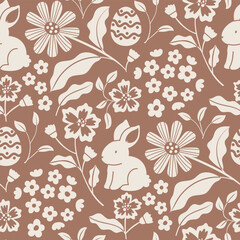 Vector Easter seamless pattern. Repeated holiday background with bunny, easter egg and flowers