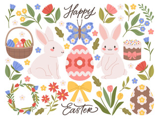 Happy Easter set with bunny, butterfly, egg, easter cake, basket with decorated eggs, bow,  flowers and leaves. Holiday banner in flat style