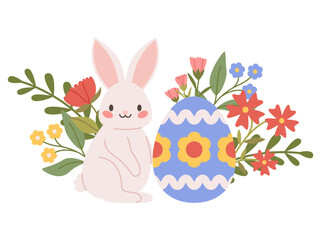 Easter bunny with flowers and decorated egg. Holiday greeting card in flat style