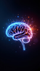 Fototapeta premium An illustration featuring a human brain at the center with electrical energy bolts radiating outward, representing artificial general intelligence's impact on technology and cognition.