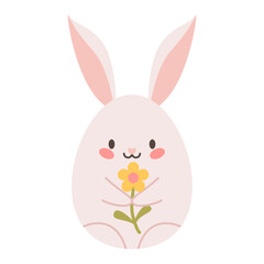Easter egg with bunny ears and yellow flower in flat style isolated on white background. Bunny in a shape of egg, spring holiday greeting card