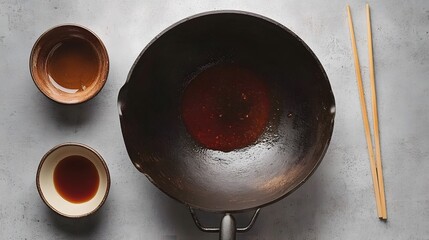 Asian Cuisine Cooking Wok Sauce Still Life Top View