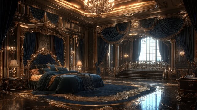 Luxurious baroque bedroom with opulent decor and extravagant drapery in grand setting