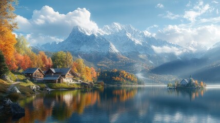 Tranquil alpine lake with autumn trees and snowy mountains