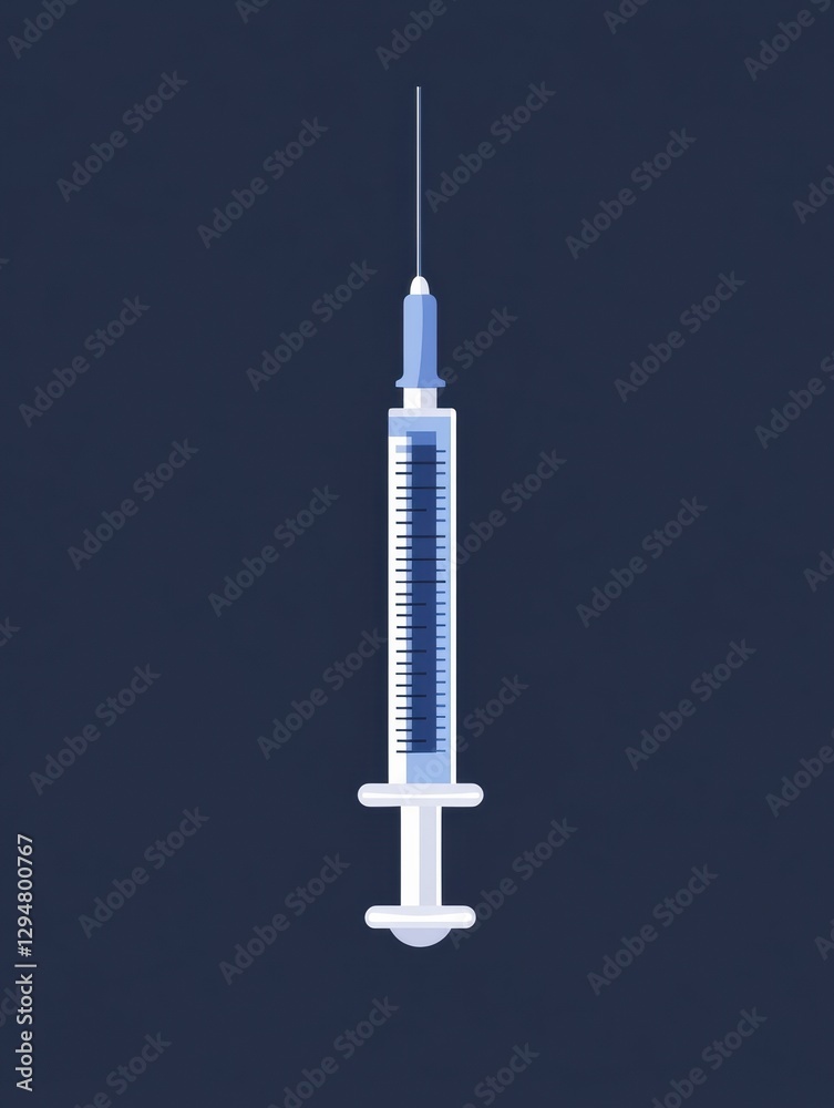Poster syringe for medical use suspended against a dark background highlighting its details and purpose in 