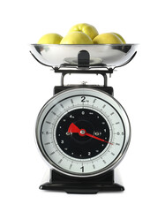 Retro mechanical kitchen scale with apples isolated on white