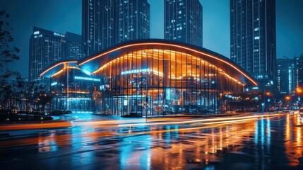 Obraz premium Night cityscape with modern glass building and light trails