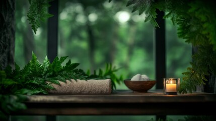 Fototapeta premium Spa Day Serenity: A tranquil scene with lush greenery and a soft candle.