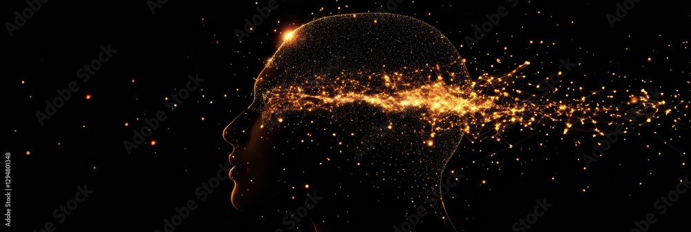 Leinwandbilder Human head silhouette glowing with interconnected AI nodes against a cosmic cyberpunk background with digital fractal patterns. Generative AI