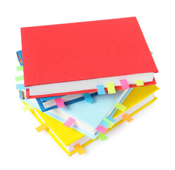 Books with colorful tabs isolated on white