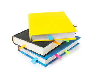 Books with colorful tabs isolated on white