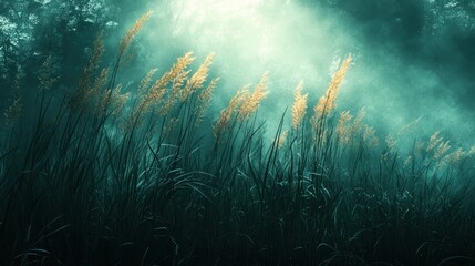 Fototapeta premium Sunlit grasses in misty forest at dawn