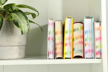 Books with colorful tabs and houseplant on white shelf indoors