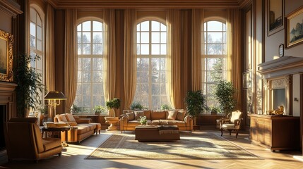 Elegant sunlit living room with classic furniture and large windows